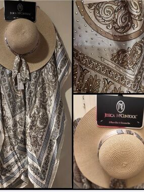 Jessica McClintock embellished boho print kimono and matching straw hat / NEW